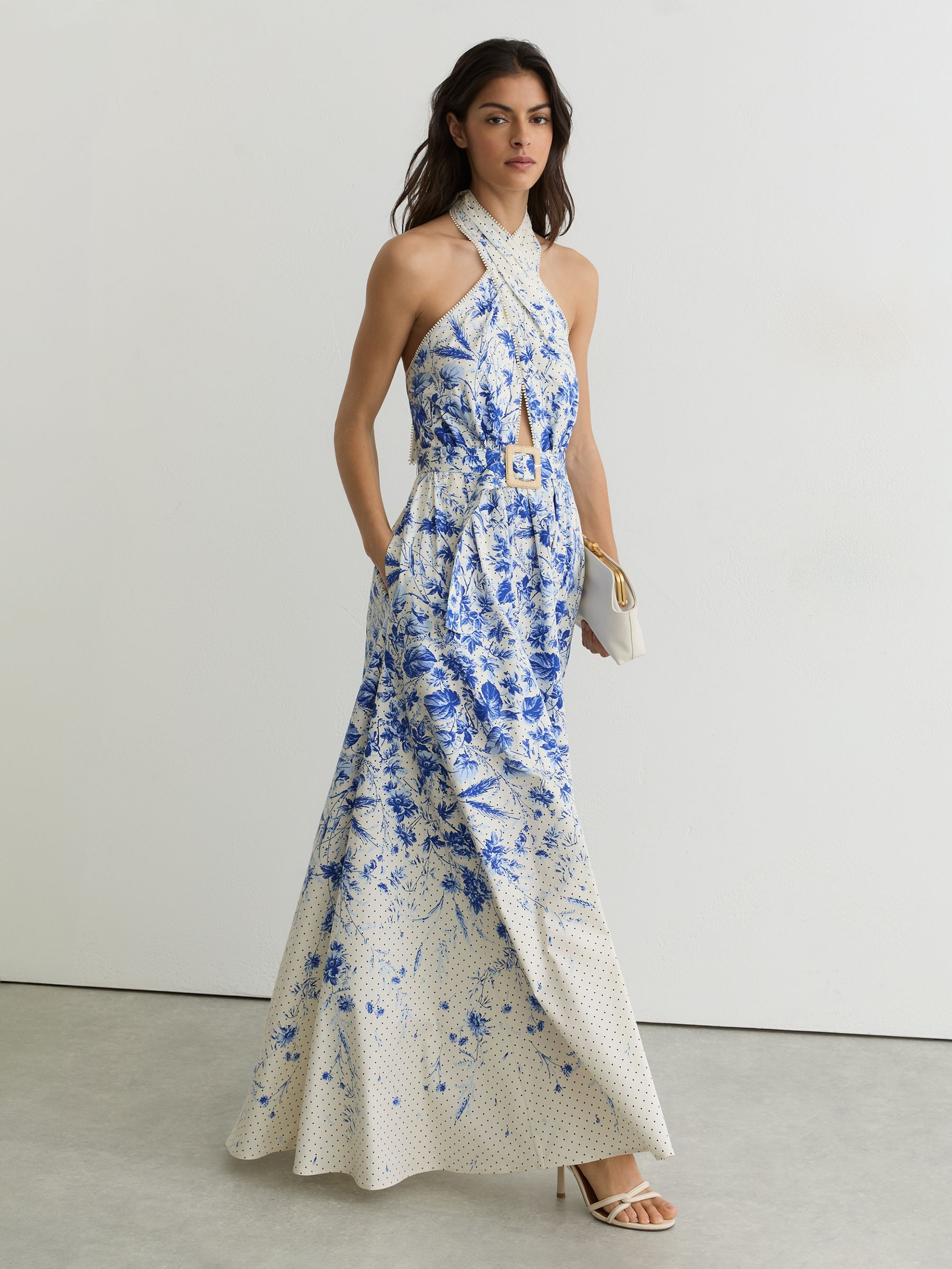 Reiss Cotton Floral-Print Belted Maxi Dress with Stretch in Ivory/Blue - REISS | Reiss UK