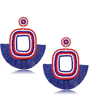 July 4th Earrings for Women Handmade Beaded Fan Tassel Earrings Red White Blue Drop Dangle Earrin... | Amazon (US)