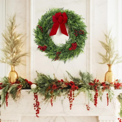 24 Inch Christmas Wreaths for Front Door, Large Outdoor Christmas Wreath with Berries Velvet Bow, Winter Artificial Cypress Wreath Xmas Wreath | Target