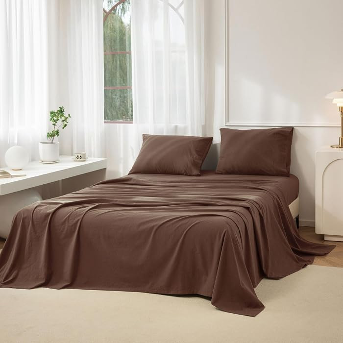 JIYUAN Full Size Sheet Set, 4-Piece - 100% Washed Cotton, Linen-Like Soft & Breathable, Includes ... | Amazon (US)