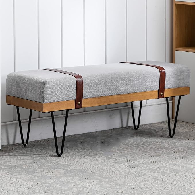 DUOMAY Industrial Modern Linen Rectangle Ottoman Bench with PU Strap and Metal Legs, Mid Century ... | Amazon (US)