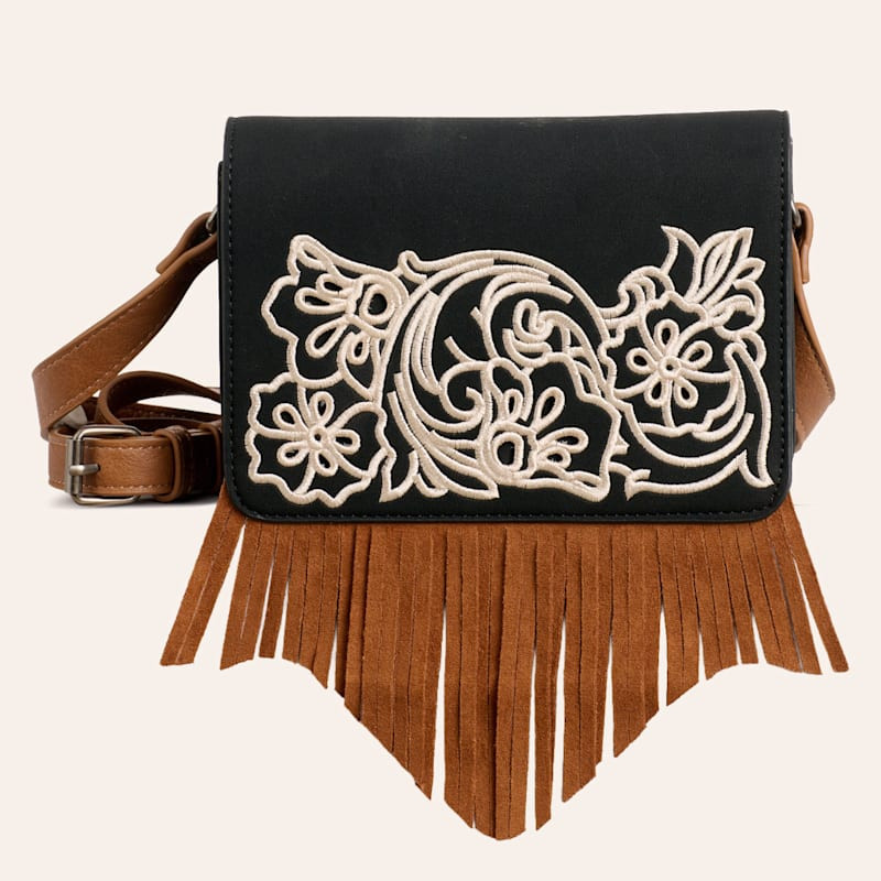 Justin Black Floral Embroidered Fringe Small Crossbody Bag | Cavender's