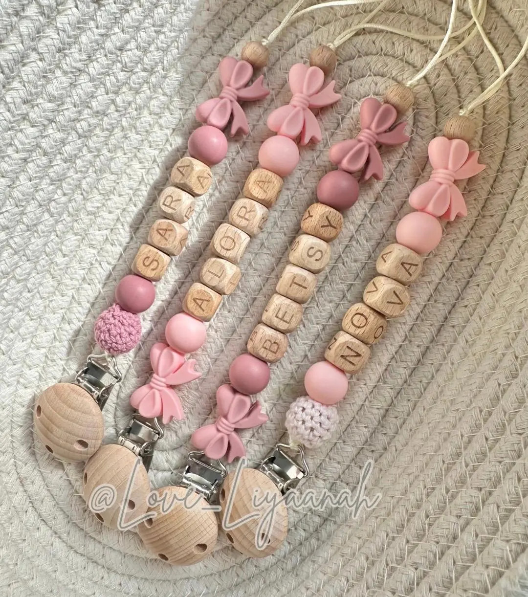 Personalised Dummy Clip Bow: Pink Crochet Bead, Pacifier Holder - Etsy | Etsy (US)