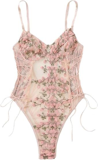 Lilosy Women Sexy Lace Up Floral Embroidered Teddy Lingerie Bodysuit Top Mesh Sheer One Piece | Amazon (US)