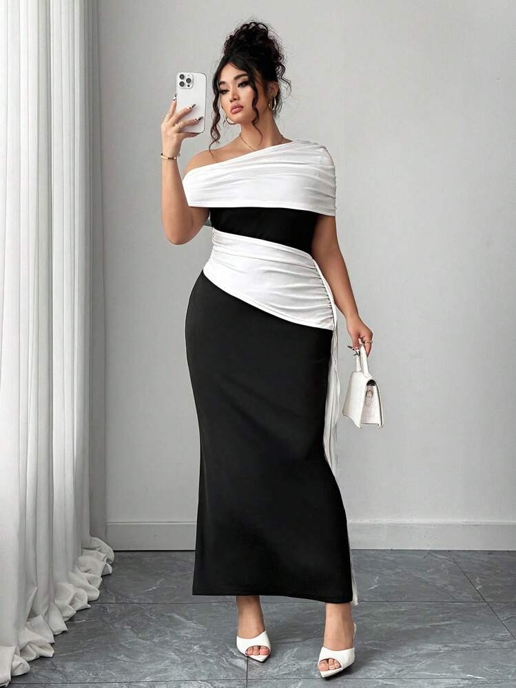 Elenzga Elegant Lady-Like Oblique Shoulder Bodycon Color Block Dress, Plus Size | SHEIN