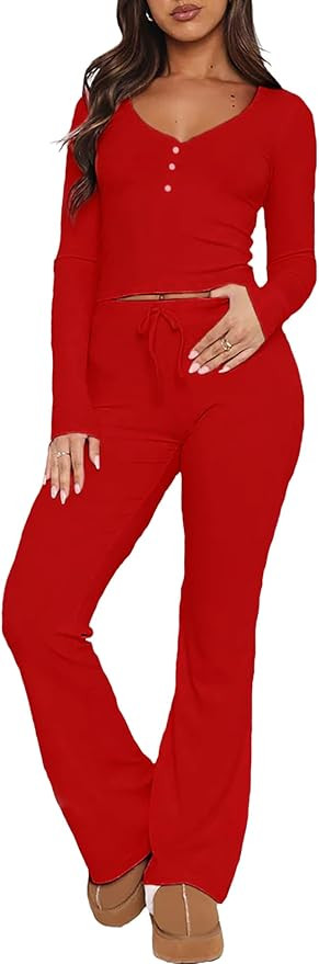 Womens 2 Piece Lounge Sets Long Sleeve Crop Tops V Neck Flare Pants Set Fall Y2k Casual Outfits | Amazon (US)
