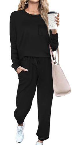 RUBZOOF Womens Loungewear Set 2 Piece Cozy Lounge Outfits Two Piece Matching Workout Sets Black L | Amazon (US)