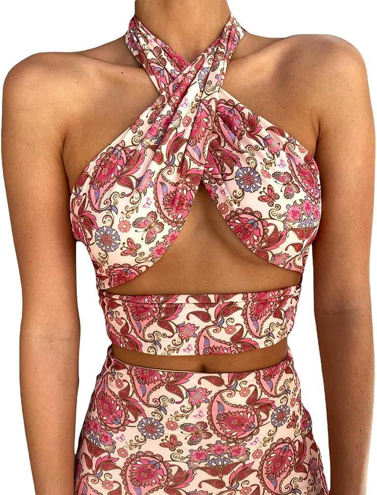 Y2K Sexy Deep V Neck Halter Crop Crisscross Cutout Top Sheer Cup Detail Strappy Backless Fashion ... | Amazon (US)