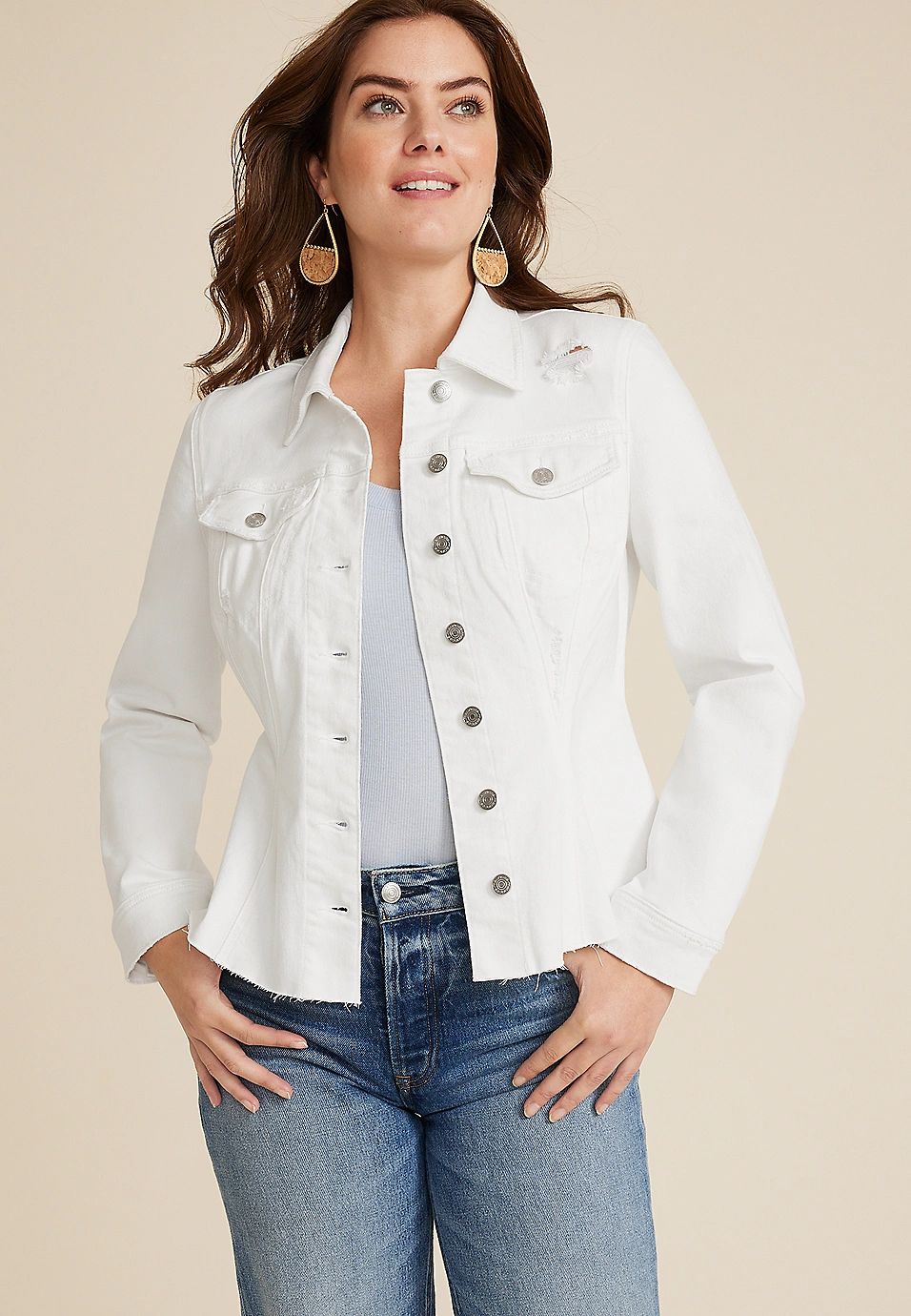 White Cinched Denim Jacket | Maurices