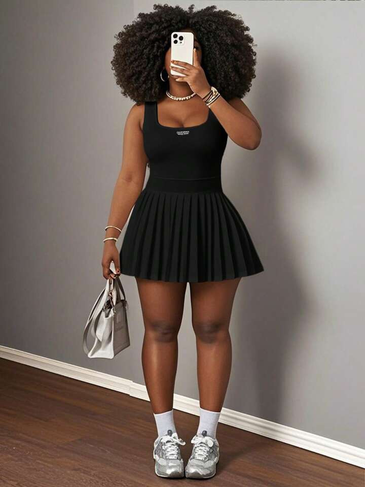 Slaydiva 2025 New Spring And Summer Casual Simple Basic U-Neck Racerback Vest With Black Label And White Text, Pleated Skirt Including Shorts And Culottes, White Knit Fabric Women Mini Dress,Sun Dresses For Women | SHEIN