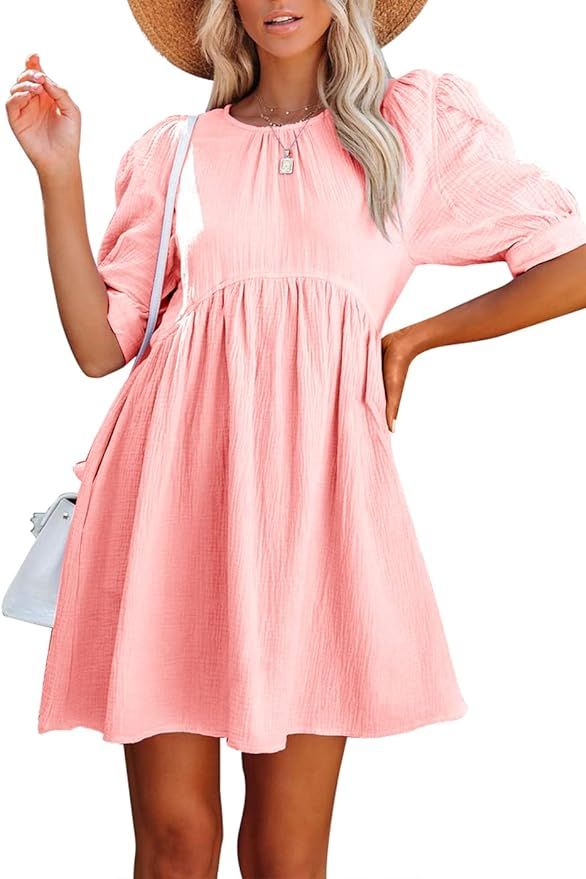 TAMEYA Womens Summer Casual Dresses, Cute Short Puff Sleeve Mini Dresses, Loose Babydoll Dresses ... | Amazon (US)