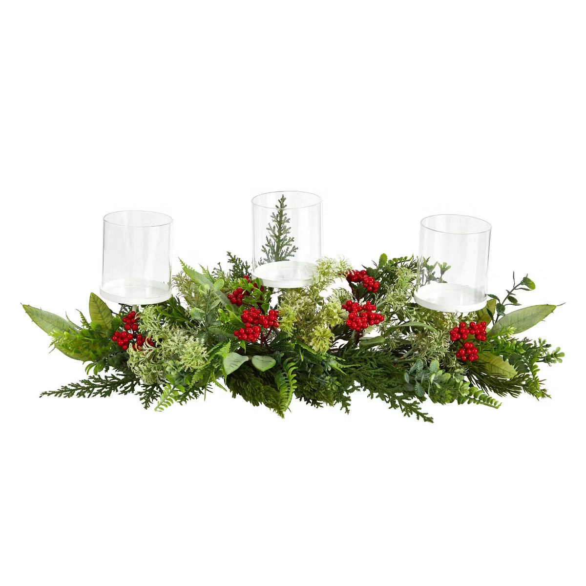 Nearly Natural 20-in Holiday Winter Greenery and Berries Triple Candle Holder Artificial Christma... | Target