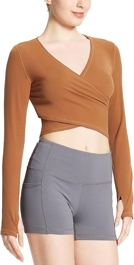 BALEAF Women's Long Sleeve Crop Top Wrap Tops for Yoga V Neck Slim Fit Shirts with Thumb Holes fo... | Amazon (US)