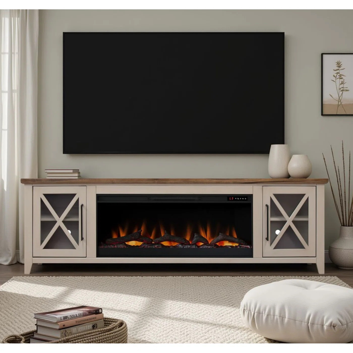 Ithaca 83 Inch Fireplace TV Stand, For Tvs Up To 95 Inches, Minimal Assembly Required, Blue And Bourbon Finish | Wayfair North America