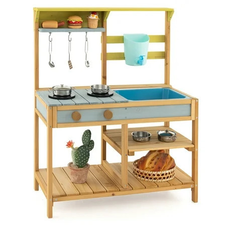 Costway Wooden Play Kitchen Set, Outdoor Kid's Mud Kitchen with Faucet & Water Box | Walmart (US)
