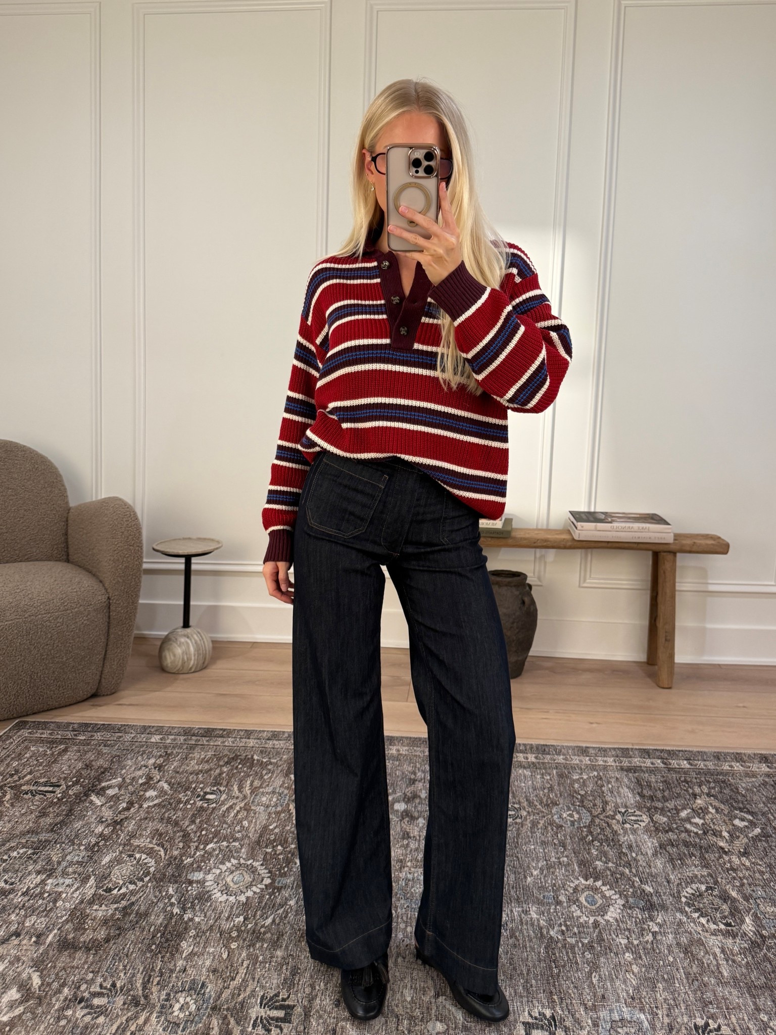 Size 4 in sweater, size 27 in jeans (went up one size) wearing regular length. I’m 5’5”  