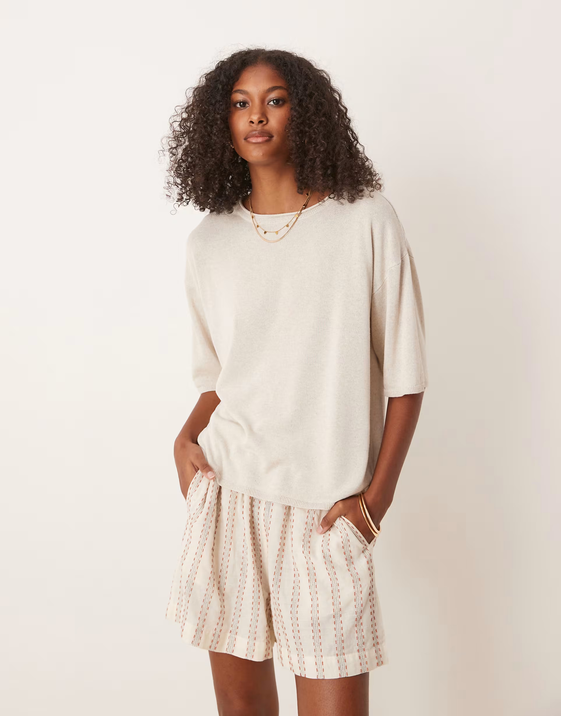 ASOS DESIGN knitted relaxed t-shirt in linen mix in stone | ASOS | ASOS (Global)