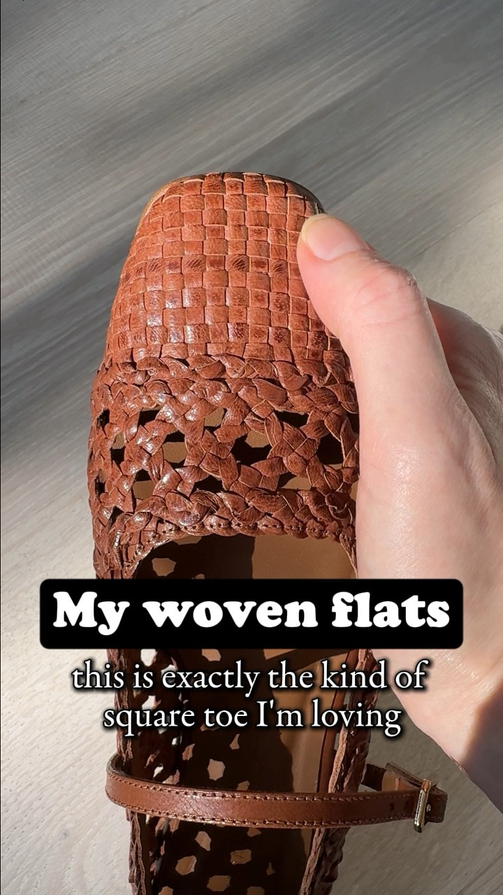 This is exactly the kind of square toe I'm loving – it's got rounded corners, and it's not too straight at the top, so it's a soft square toe. It's a low profile shoe so it stays close to the foot, but there's definitely enough room for the toes. What really makes it comfortable is the generous cushioning. The buckle is beautiful with a nice shade of gold – rich and not too yellow, not at all green. They're handmade in Spain and TTS, I got a 38.5 regular width – my usual size.

#LTKootd #LTKSeasonal