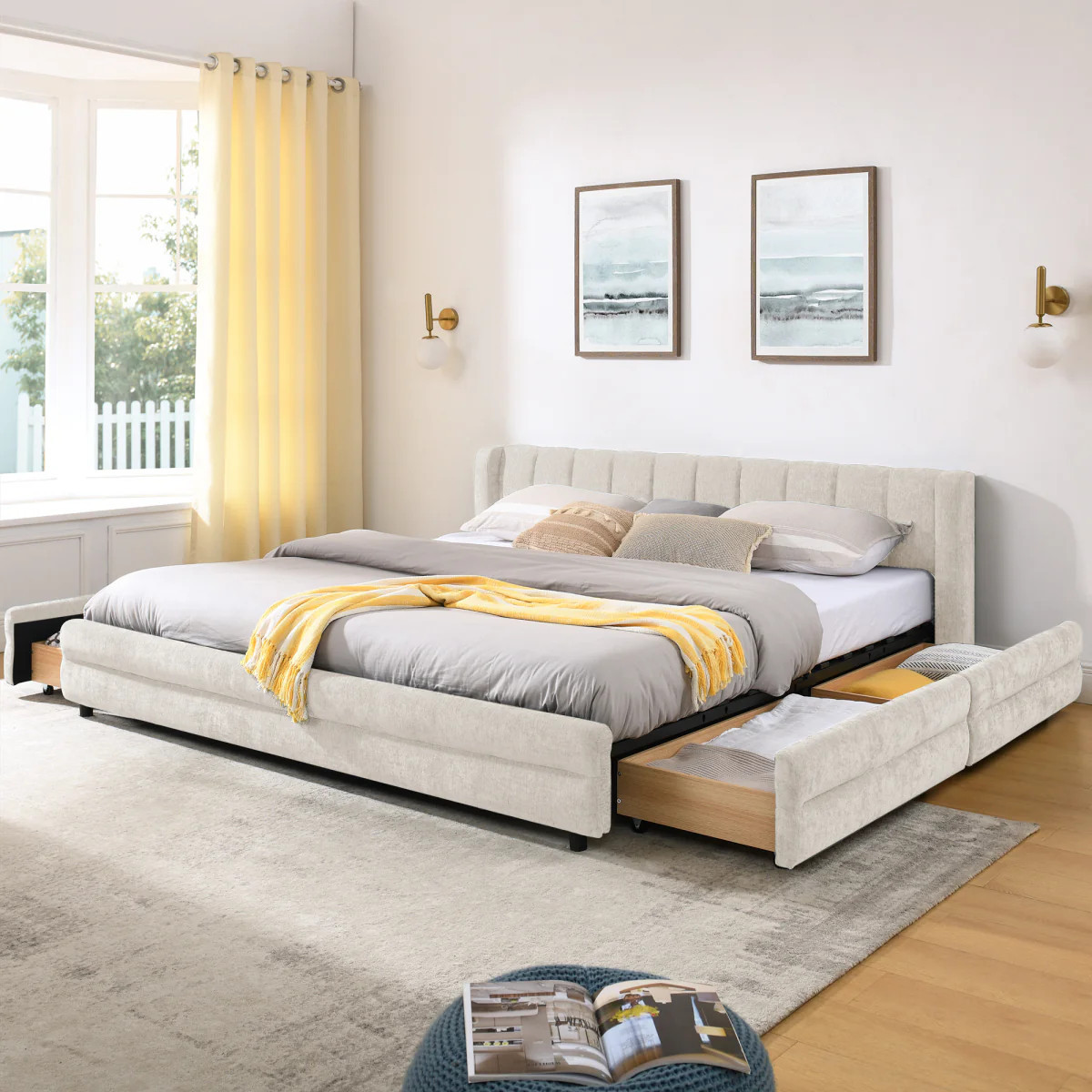 Streamdale King Size Upholstered Bed Frame with Chenille Fabric Headboard and Storage Drawer - Beige | Shop Simon