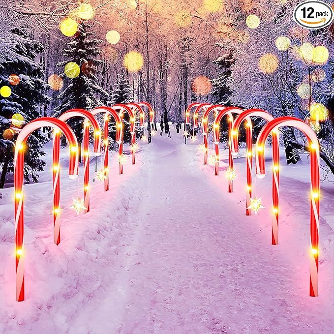 12 Pack Christmas Decorations Outdoor Solar Candy Cane Lights, BUCASA Upgraded Solar Pathway Mark... | Amazon (US)