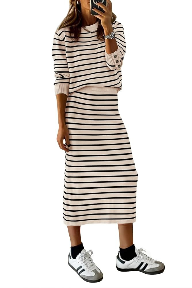PRETTYGARDEN Women's 2 Piece Sets Lounge Striped Sweater Fall Casual Long Sleeve Knit Midi Skirts... | Amazon (US)