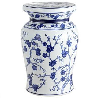 JONATHAN Y Cherry Blossom 17.7 in. White/Blue Ceramic Garden Stool TBL1016A | The Home Depot