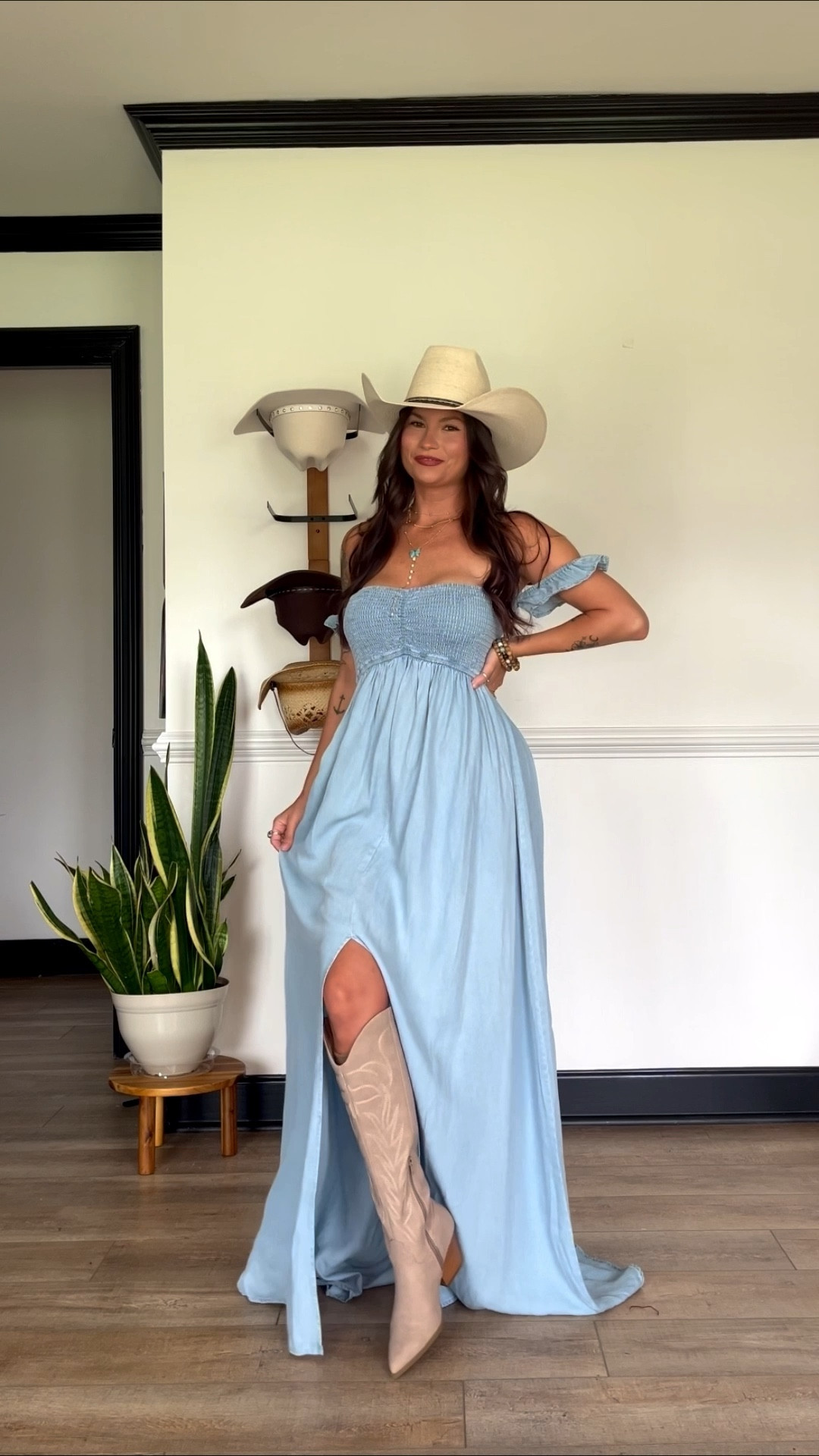 Blue chambray maxi dress with middle slit is only available in size small & medium now! I’m wearing size small. Would make a great maternity dress! Code LORI to save on tan boots 

#LTKootd #LTKSeasonal #LTKgrwm