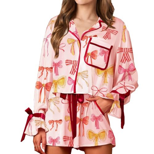 VFURYGD Women Bow Tie Pajamas Heart/Stripe Print Silk Satin Pjs Long Sleeve Shirt Tops with Lounge Shorts Pj Set Sleepwear (Bow Pink, L) | Amazon (US)