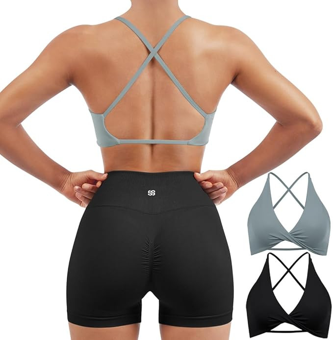 SUUKSESS Women 2 Piece Open Back Strappy Sports Bra Pack Twist V Neck Workout Crops | Amazon (US)