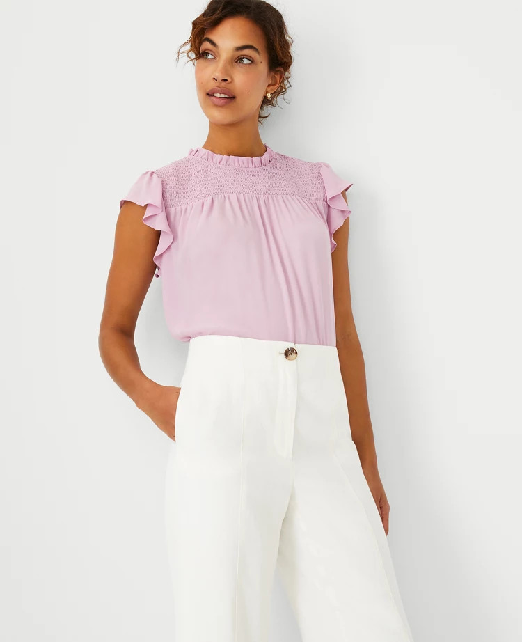 Mixed Media Ruffle Smocked Shell | Ann Taylor (US)