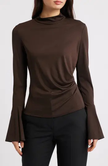 MANGO Ruched Bell Sleeve Top in Brown at Nordstrom Rack, Size Medium | Nordstrom Rack
