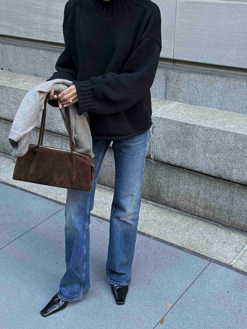 Jcrew roll neck sweater 

Sweater wearing medium. Jeans from Ralph Lauren. 

Wearing Gabrielle East-West Shoulder Bag by Parisa Wang  

 