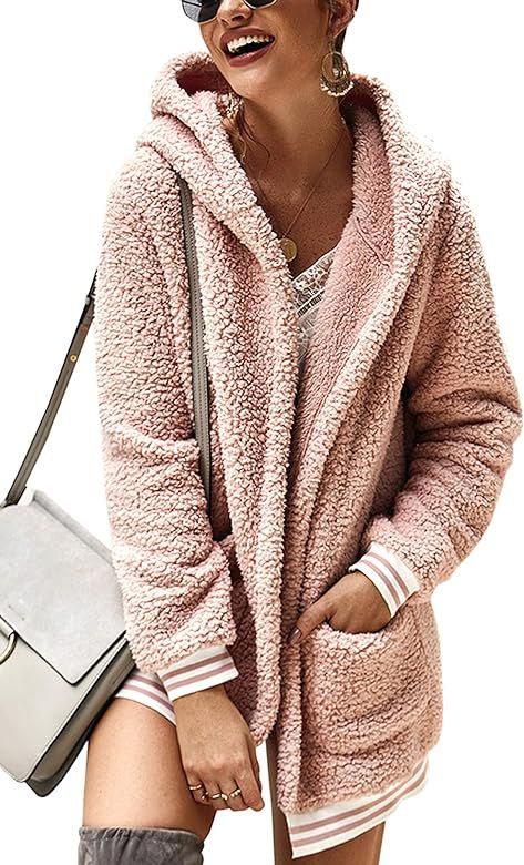 Women's Jacket Fleece Long Sleeve Open Front Hooded Jackets Cardigan Coat Top Winter Outwear with... | Amazon (US)