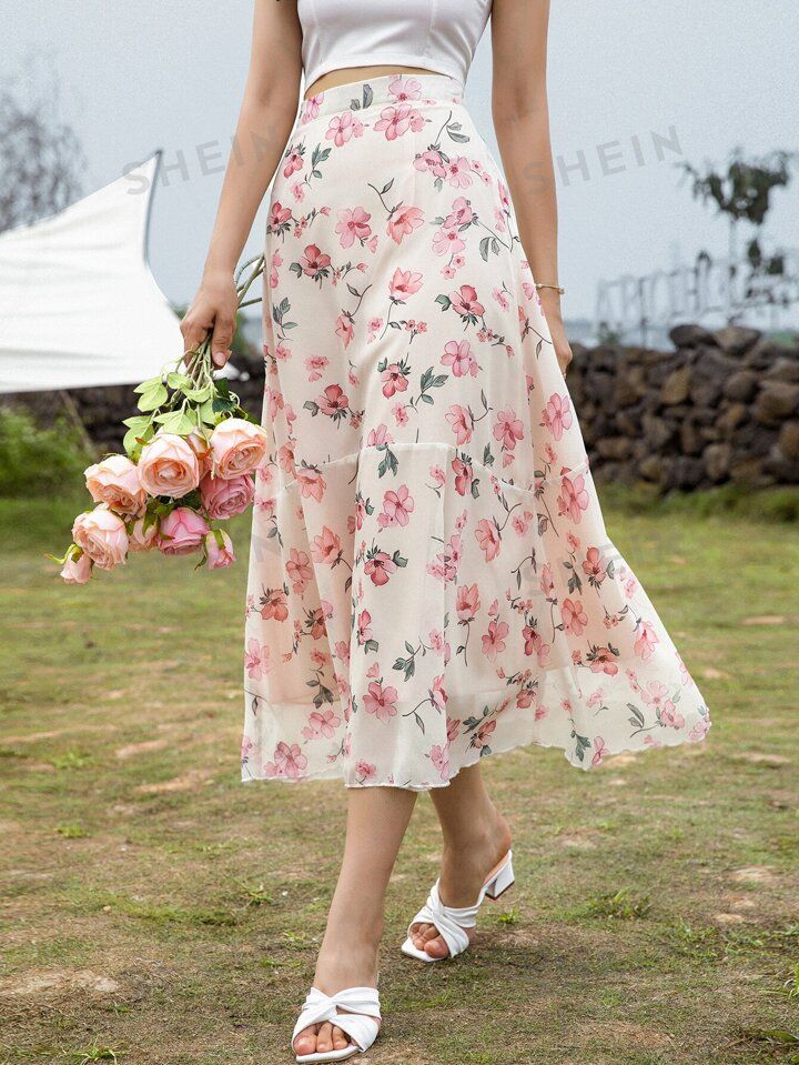 SHEIN Mulvari Floral Print High Waist Skirt | SHEIN