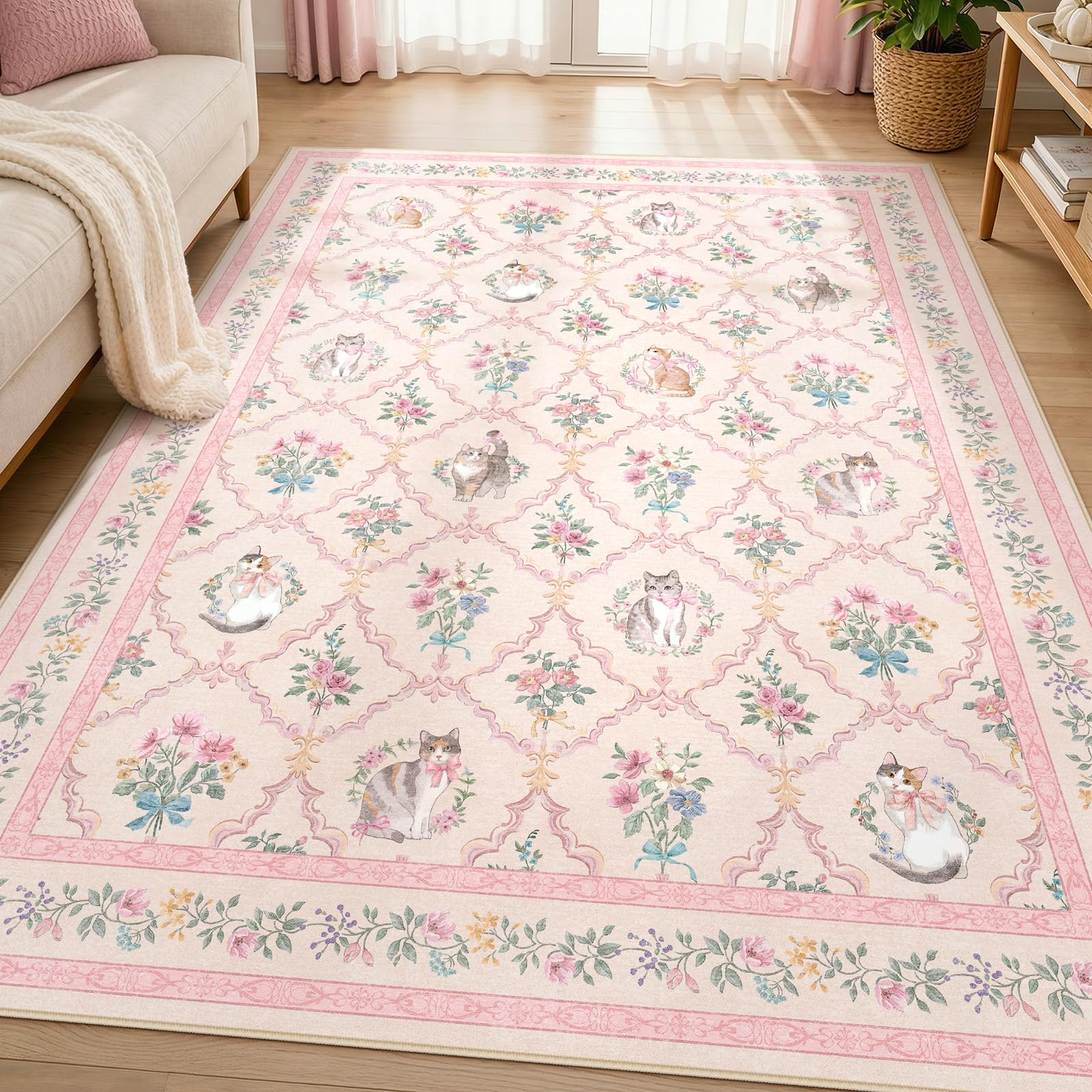 5x7 Pink Floral Cat Rug for Girls Bedroom, Washable Non Slip Area Rug for Nursery, Kids Room, Rea... | Amazon (US)