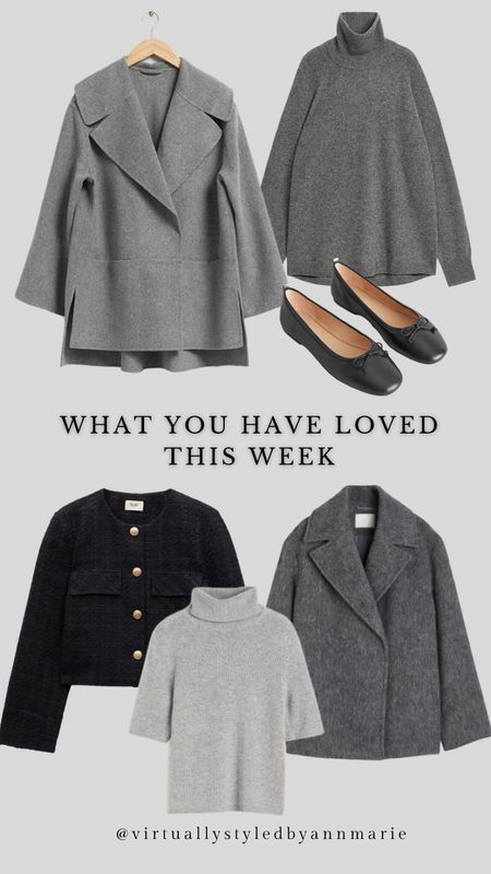 This weeks favourites, 

Grey coat, grey oversized blazer, cashmere polo neck jumper, ballet pumps, Chanel style jacket 

#LTKSeasonal #LTKstyletip #LTKover40