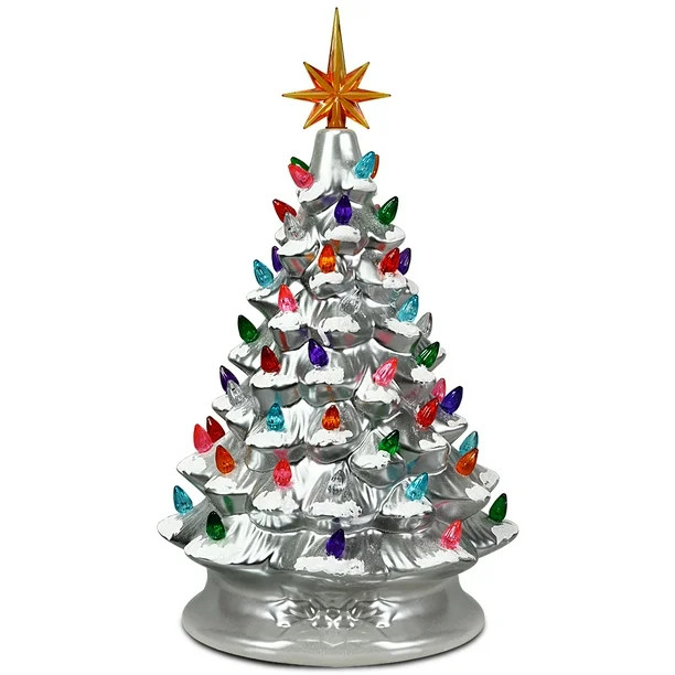 Costway 15''Pre-lit Hand-Painted Ceramic Tabletop Christmas Tree Silver - Walmart.com | Walmart (US)