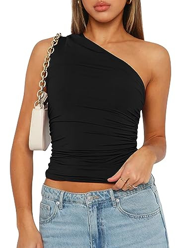 Women One Shoulder Ruched Crop Tank Tops Slim Fit Sleeveless Asymmetrical Y2k Going Out Trendy To... | Amazon (US)