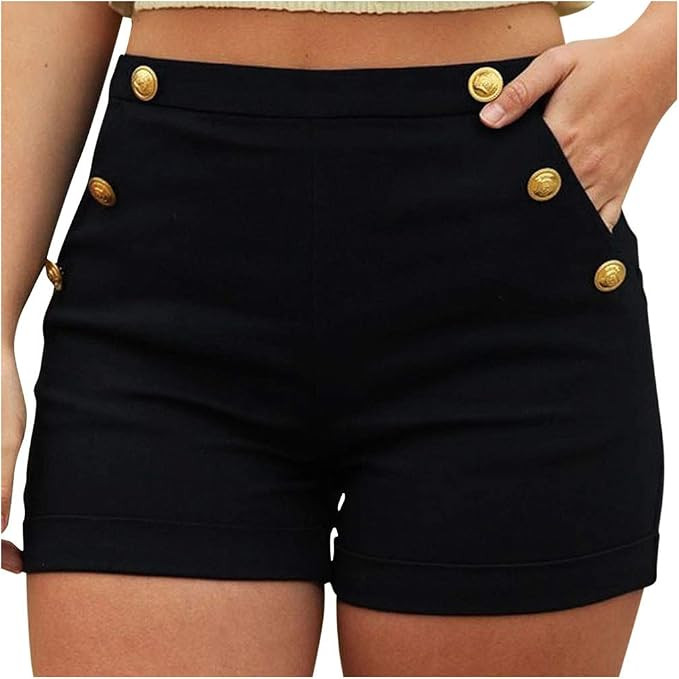 Women's High Waist Front Button Summer Workwear Shorts Pants,Front Button Retro Vintage Pin up Sa... | Amazon (US)