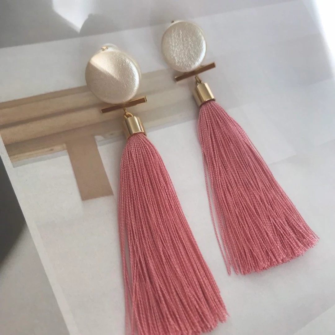 Pink Tassel Earrings, Long Fringe Earrings Clip-ons, Japanese Silk, Clip on Silk Tassel Earrings,... | Etsy (US)