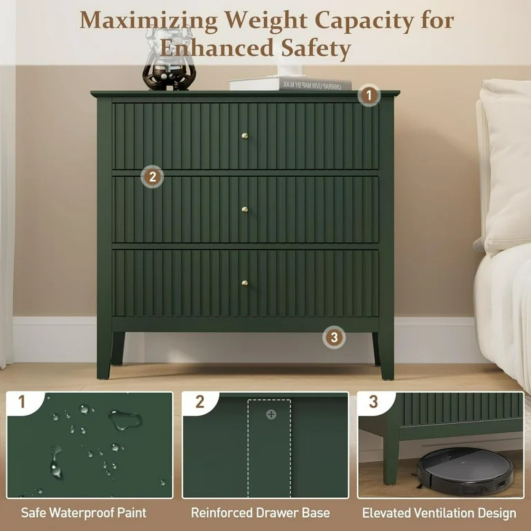 CozyHome Green 3 Drawer Dresser, Painted 30 Inch Tall Wood Nightstand with Storage, Wide Modern C... | Walmart (US)