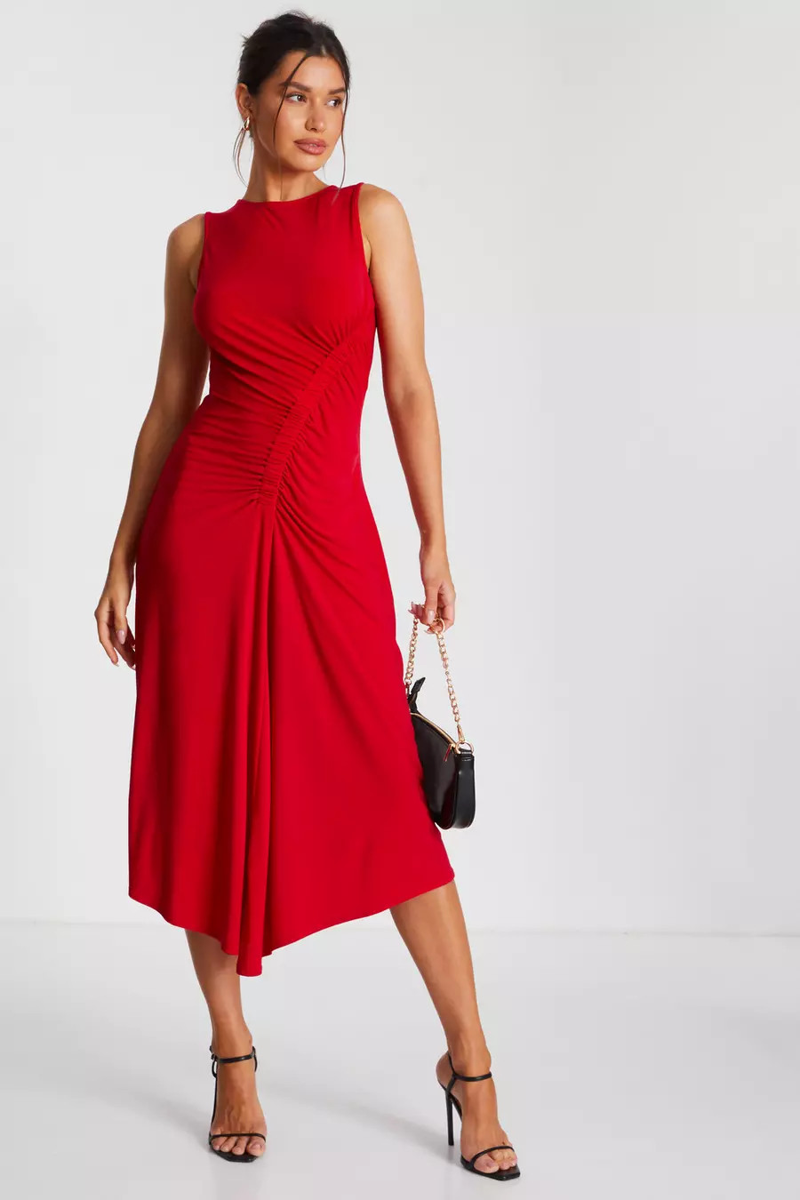 Red Ruched Side Midi Dress | Quiz Clothing