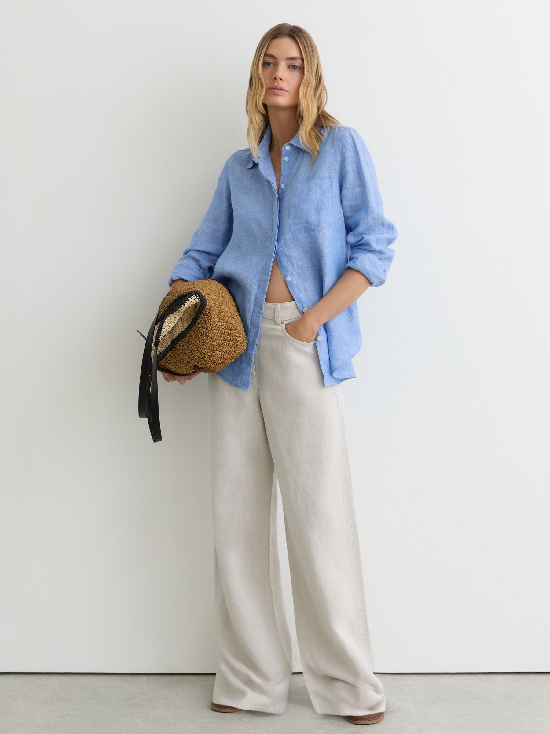 Reiss Linen Button-Through Shirt in Blue - REISS | Reiss UK