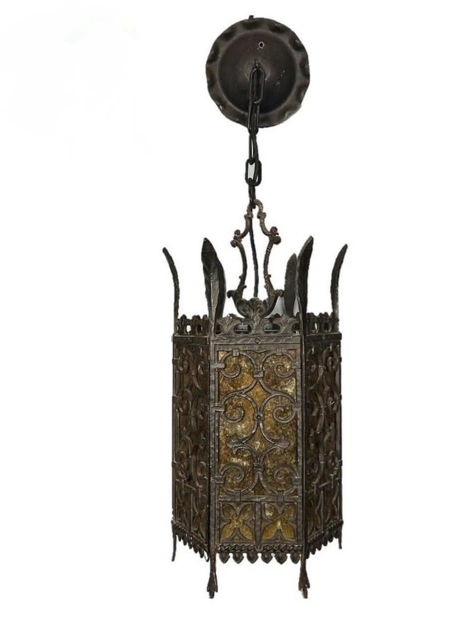 Antique Large Iron Pendant Ceiling Light ~ Mica Shades From 1927 Spanish Revival | eBay US