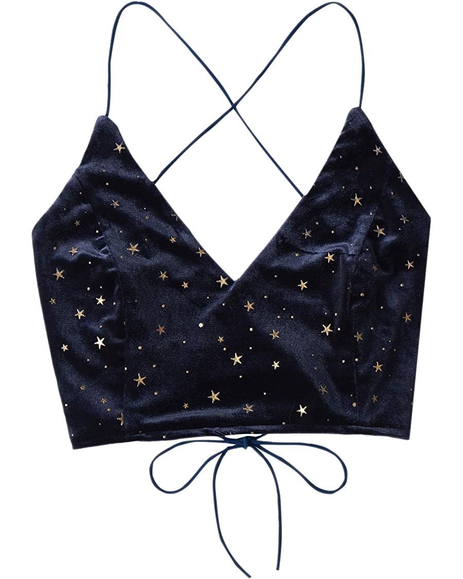 Verdusa Women's Velvet Galaxy Print Crisscross Back Spaghetti Strap Crop Cami Top | Amazon (US)