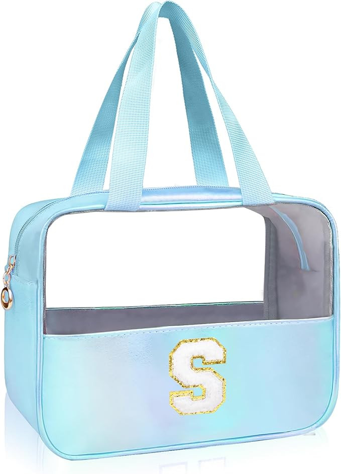 Personalized Initial S Clear Blue Makeup Bag - Large Travel Toiletry Bag, Cute Cosmetic Organizer... | Amazon (US)