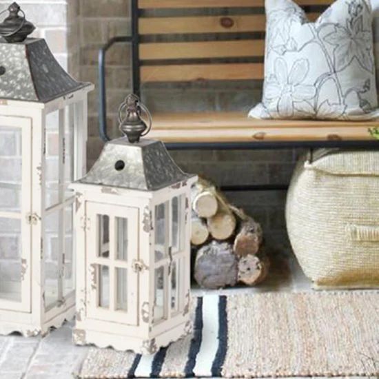 Chippy White Floor Lanterns Set of 2 | Farmhouse Cottage - Decor Steals | Decor Steals