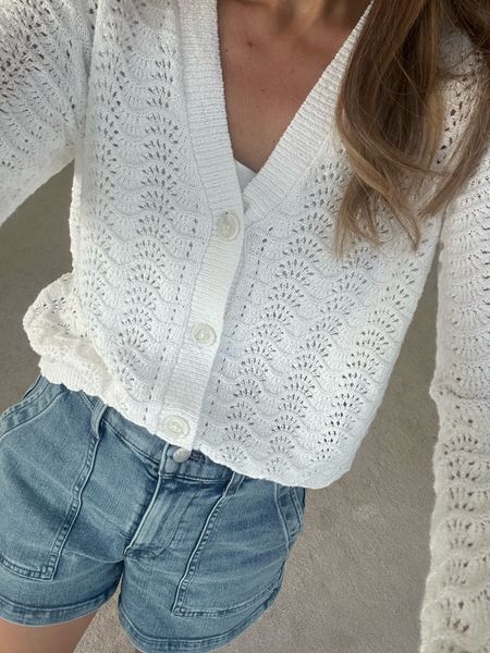 Spring sweater
Eyelet top 
Comfy jeans, shorts 
Silver button,  soft white for summers

#LTKStyleTip #LTKFindsUnder50