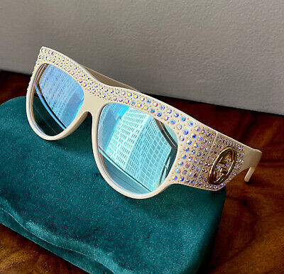GUCCI HOLLYWOOD FOREVER Ivory W/Iridescent Crystal Mirror Lens Sunglasses $1450 | eBay US