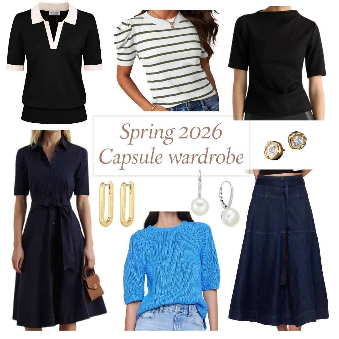 Spring capsule wardrobe for casual outfit ideas. Loving short sleeve knit tops, this denim maxi skirt, this navy shirt dress and timeless earrings.  

 #LTKSeasonal #LTKOver40 #LTKPetite